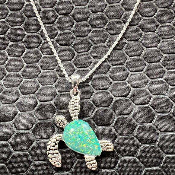 Turtle Necklace with Aqua Iridescent Sea Glass 18K White Gold Plated - Picture 1 of 1